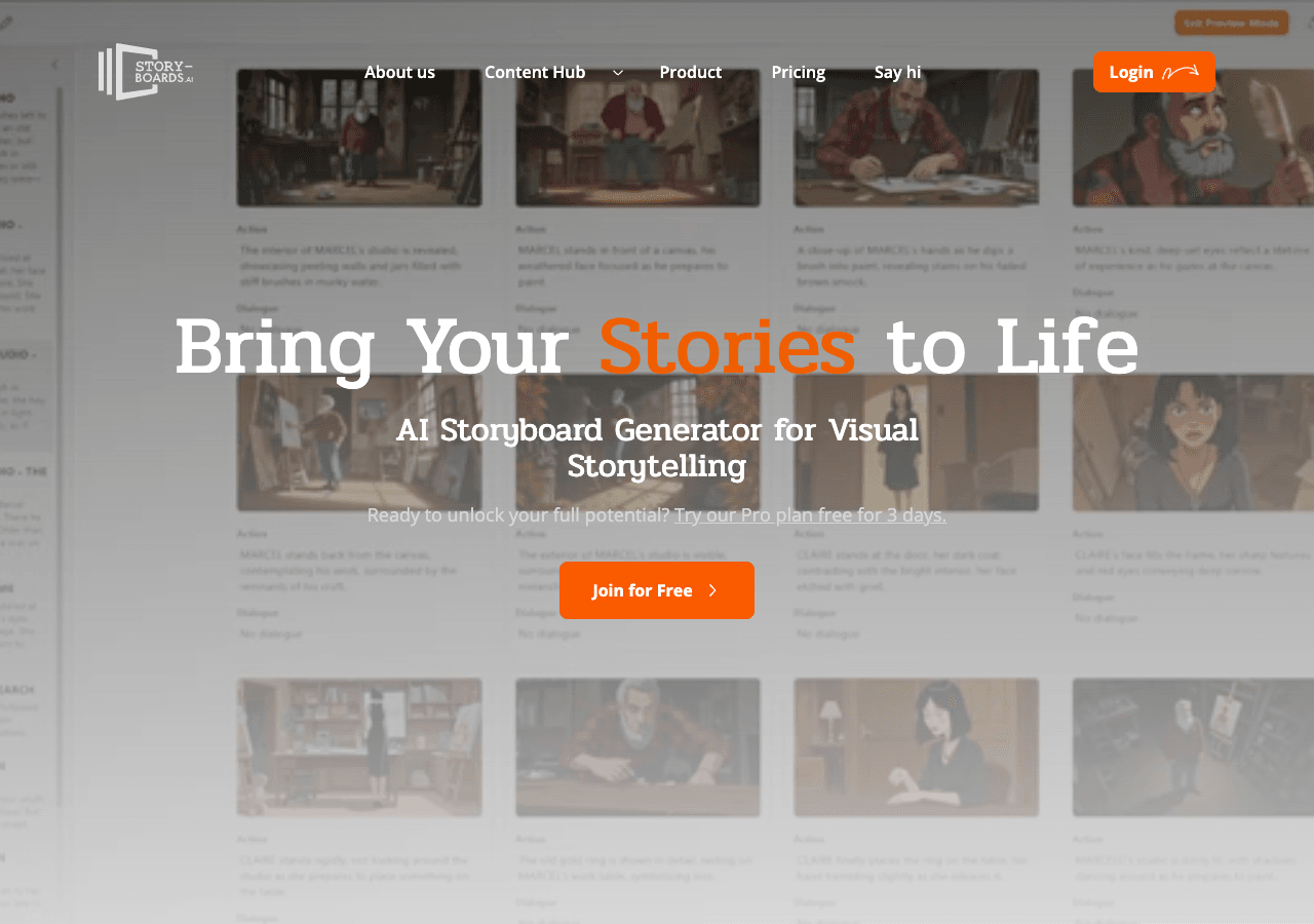 story-boards.ai Design showing Design - Consistent characters, effortless storyboards