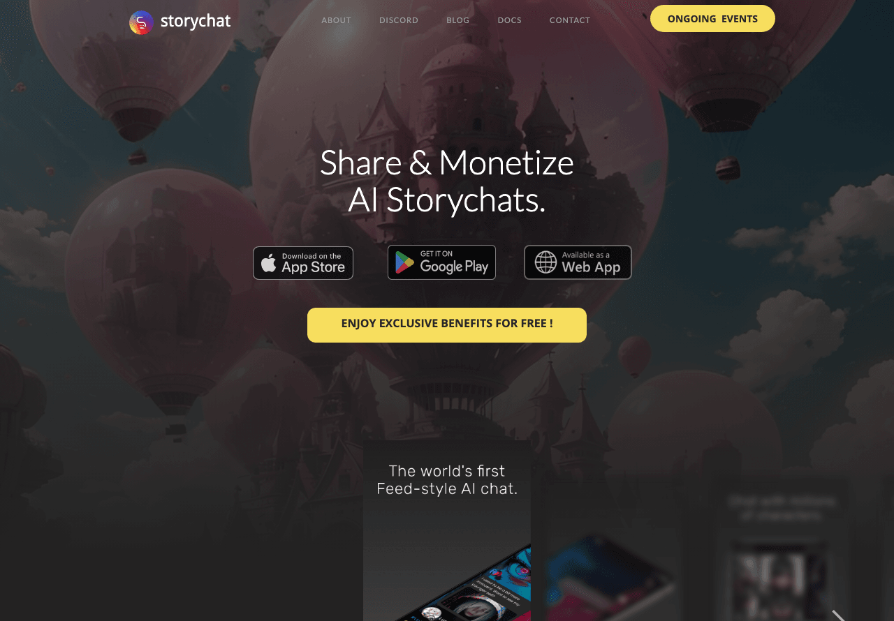 Storychat.app Conversational AI showing Conversational AI - Chat with AI characters, create stories, and share with the world