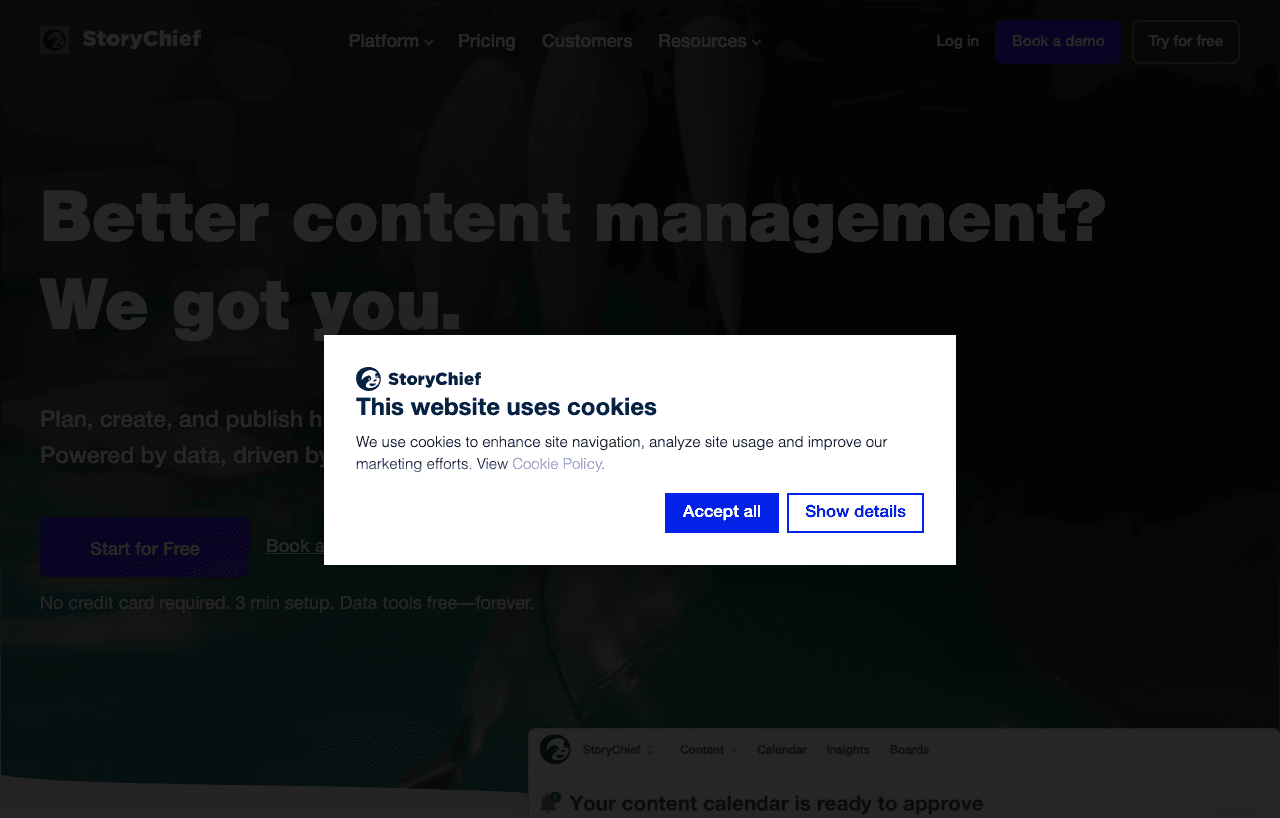StoryChief Marketing Automation showing Marketing Automation - Plan, create, and publish high-performing content with ease.