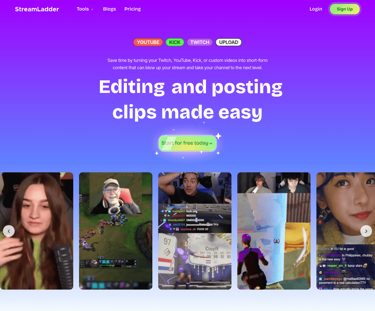 StreamLadder Video Editing showing Video Editing - The fastest way to turn your streams into viral social clips.