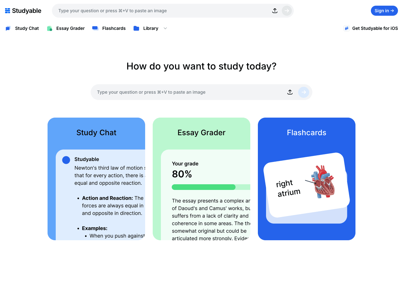 Studyable Conversational AI showing Conversational AI - Instant AI study help for every subject