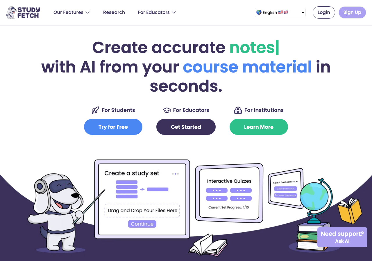 StudyFetch Productivity & Collaboration showing Productivity & Collaboration - Turn any course material into interactive AI-p