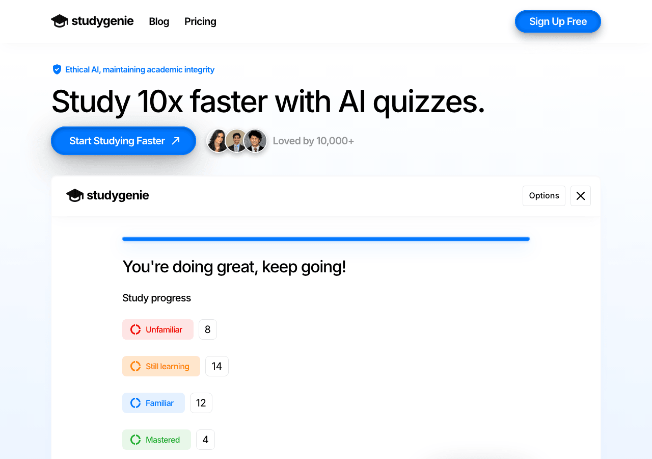 Studygenie Productivity & Collaboration showing Productivity & Collaboration - Study 10x faster with AI quizzes.