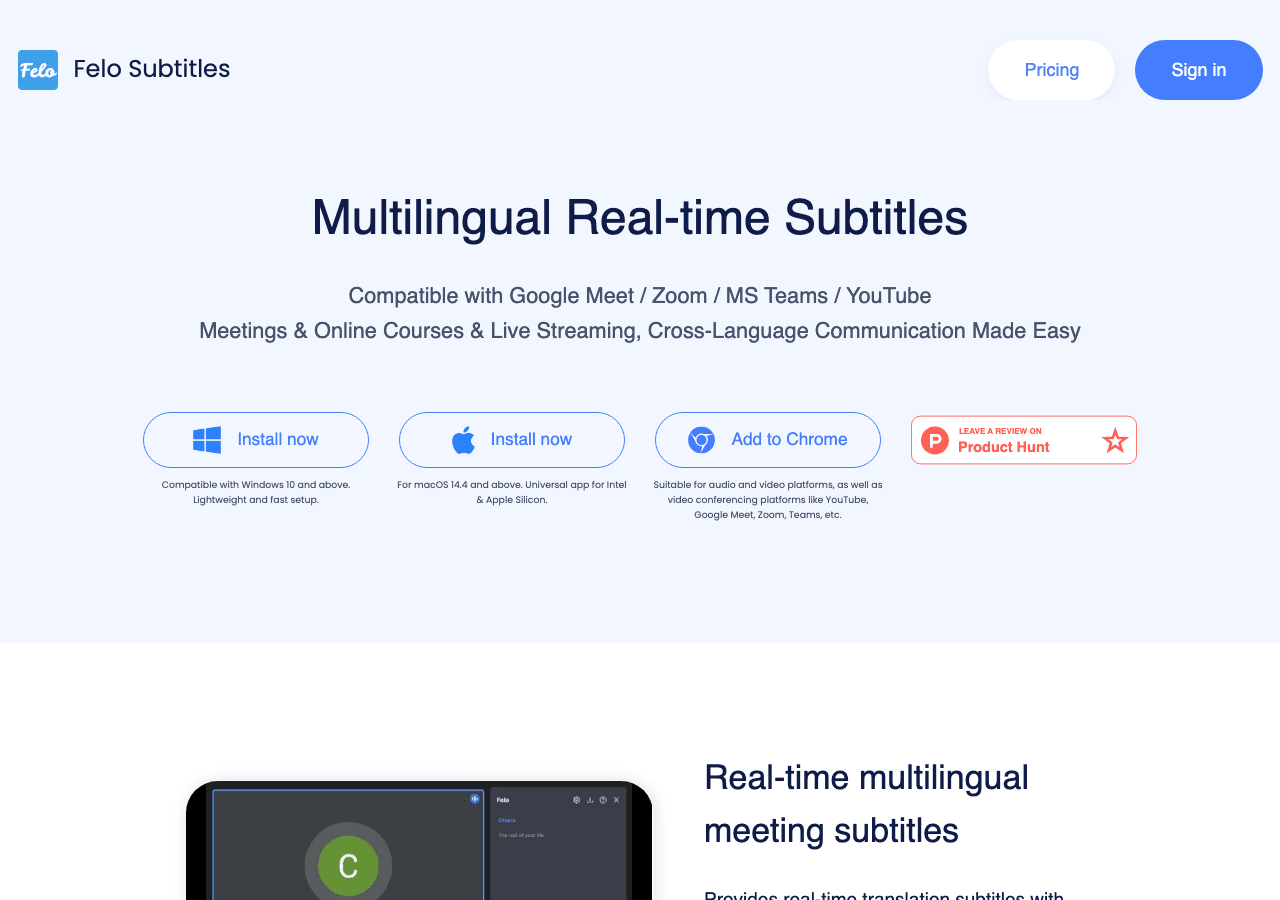 Felo Subtitles Video Editing showing Video Editing - Real-time transcription & translation for global meetings and live strea