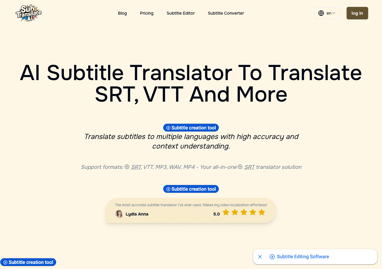 SubTranslateAI.com Writing & Translation showing Writing & Translation - Translate subtitles with AI-powered accuracy