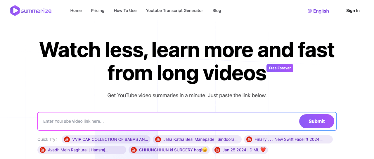 Summarize.ing Search & Discovery showing Search & Discovery - Instant YouTube video summaries—highlights, mind maps, and key