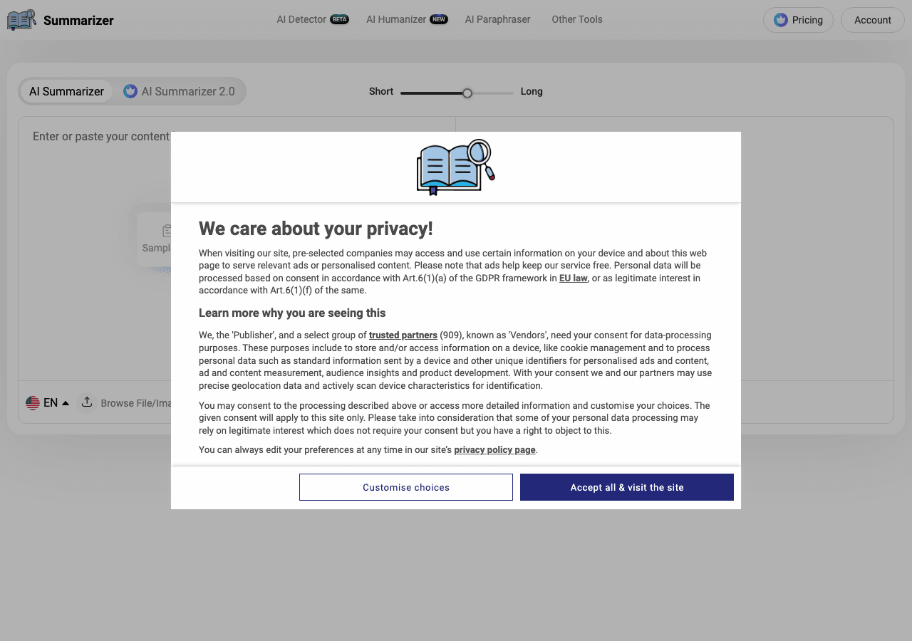 AI Summarizer Writing & Translation showing Writing & Translation - Instantly summarize any text, article, or URL
