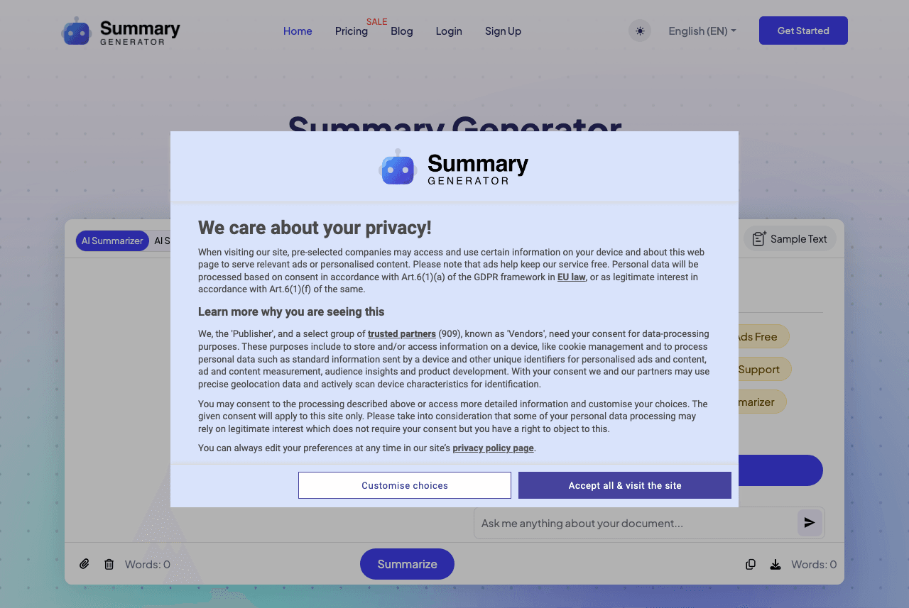 AI Summary Generator Writing & Translation showing Writing & Translation - Summarize any text in one click—fast, free, and ac