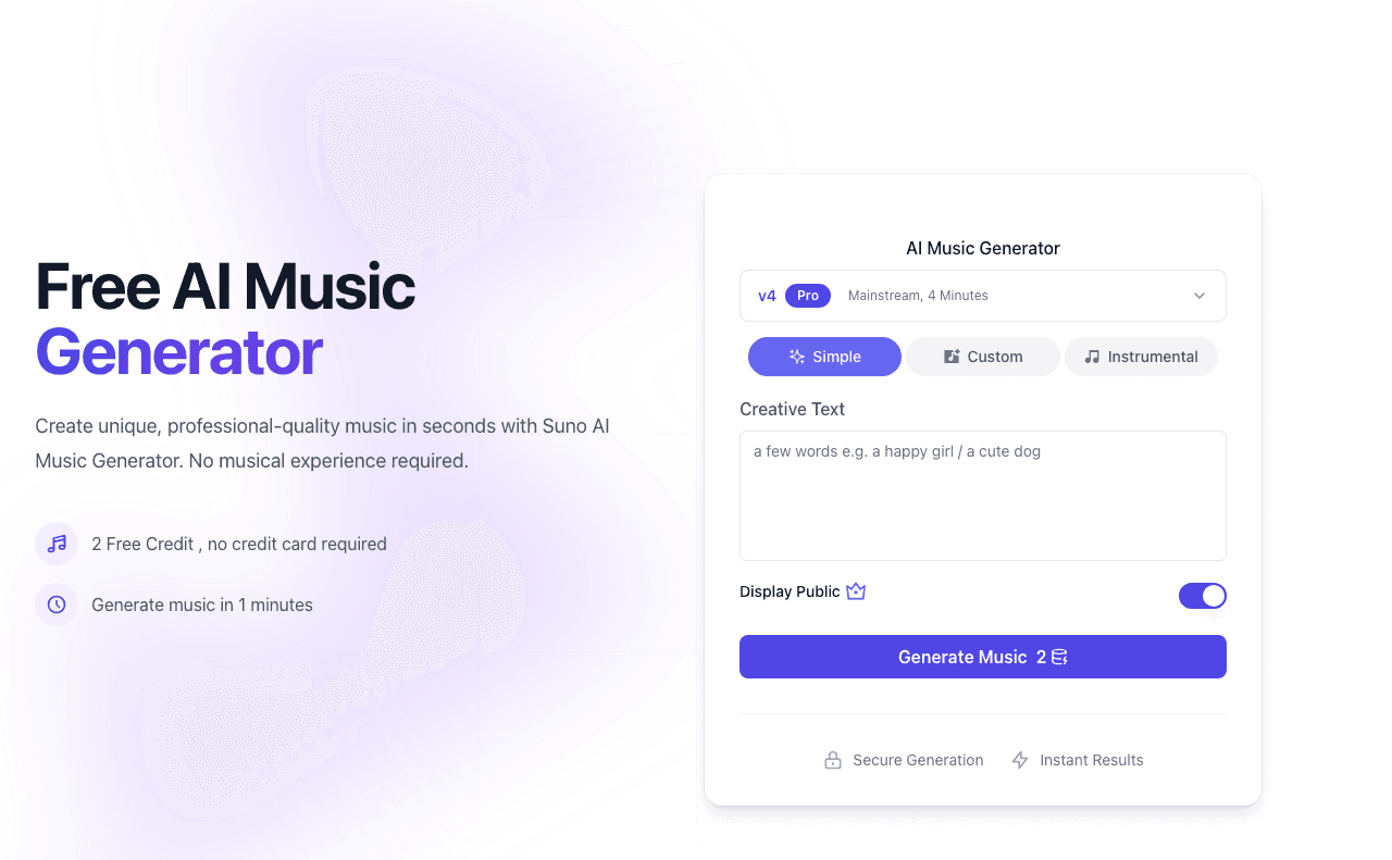 Suno AI Music Audio Generation showing ai music generation - Transform your ideas into original music—no instruments needed,