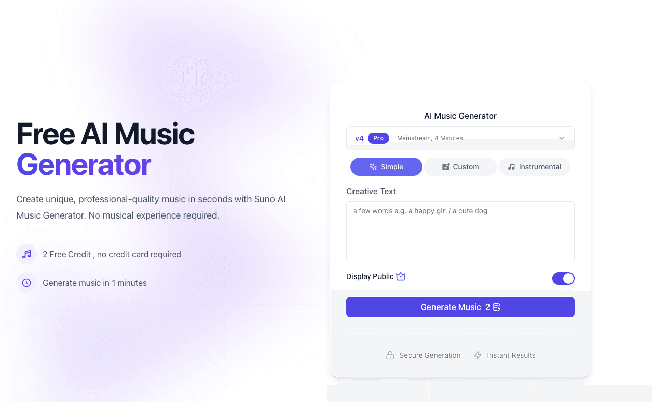 Suno AI Music Audio Generation showing Audio Generation - Transform your ideas into original music—no instruments needed, jus