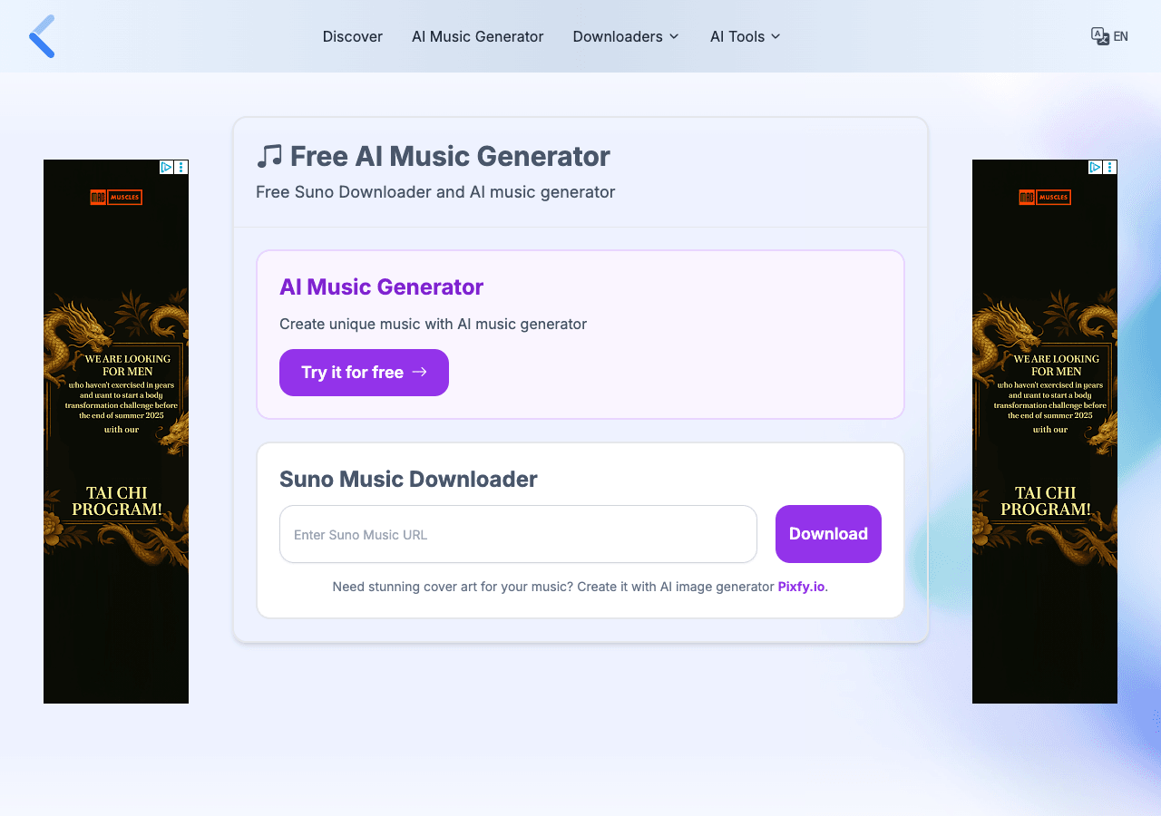Suno Downloader Music Generation showing Music Generation - Download Suno AI music instantly, free and unlimited