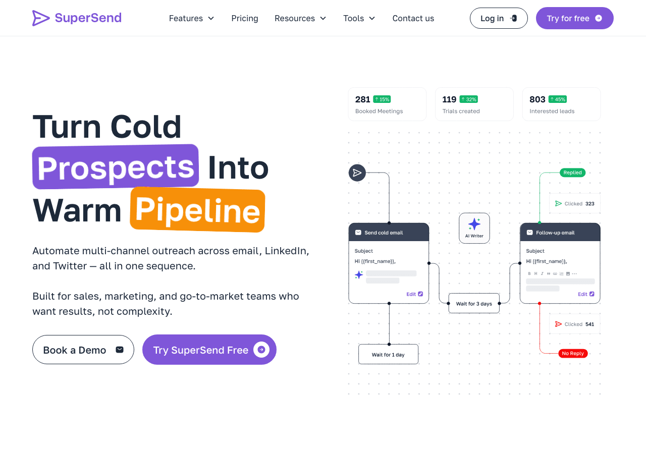 Super Send Marketing Automation showing Marketing Automation - Sequencing + Enterprise Infrastructure for Millions of Cold Em