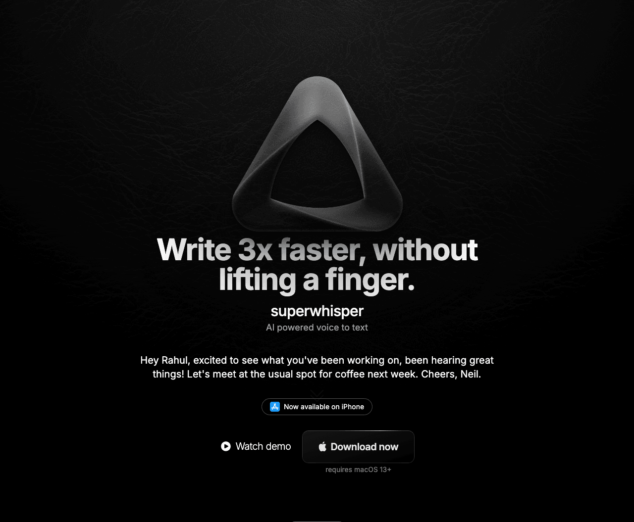 superwhisper Audio Generation showing Audio Generation - Stop Typing. Start Talking.