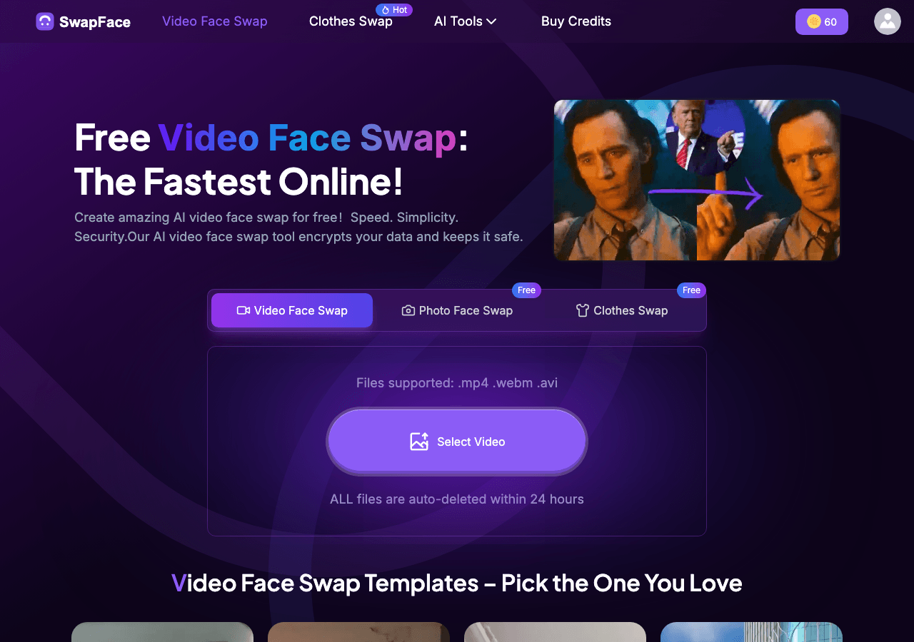 Swapfaces AI Video Editing showing Video Editing - Swap Faces in Videos Easily