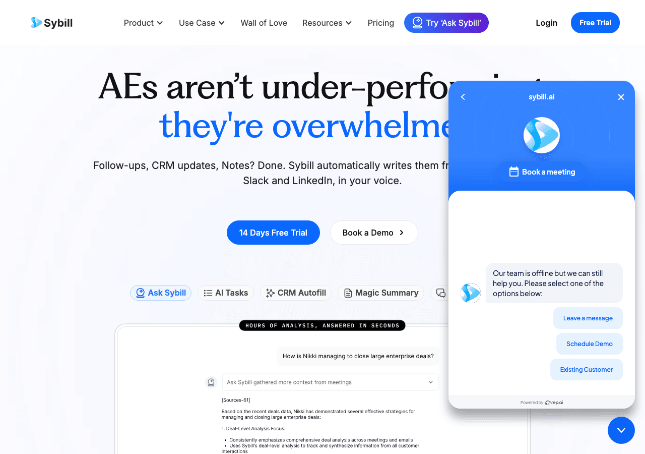 Sybill Conversational AI showing Conversational AI - Empower your sales meetings and CRM with AI-driven insights, summaries,