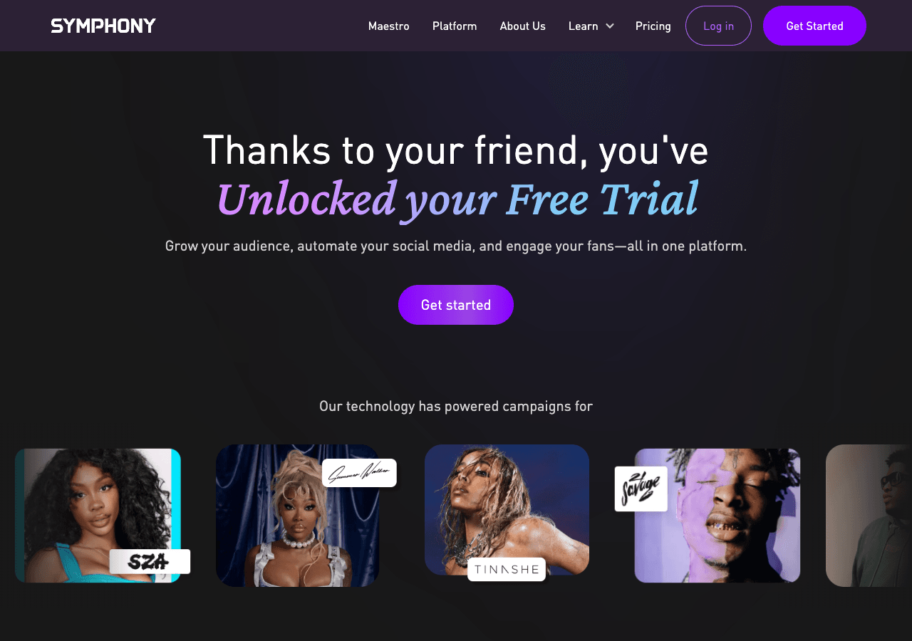 SymphonyOS Conversational AI showing Conversational AI - AI-powered marketing and fanbase growth for artists and creators