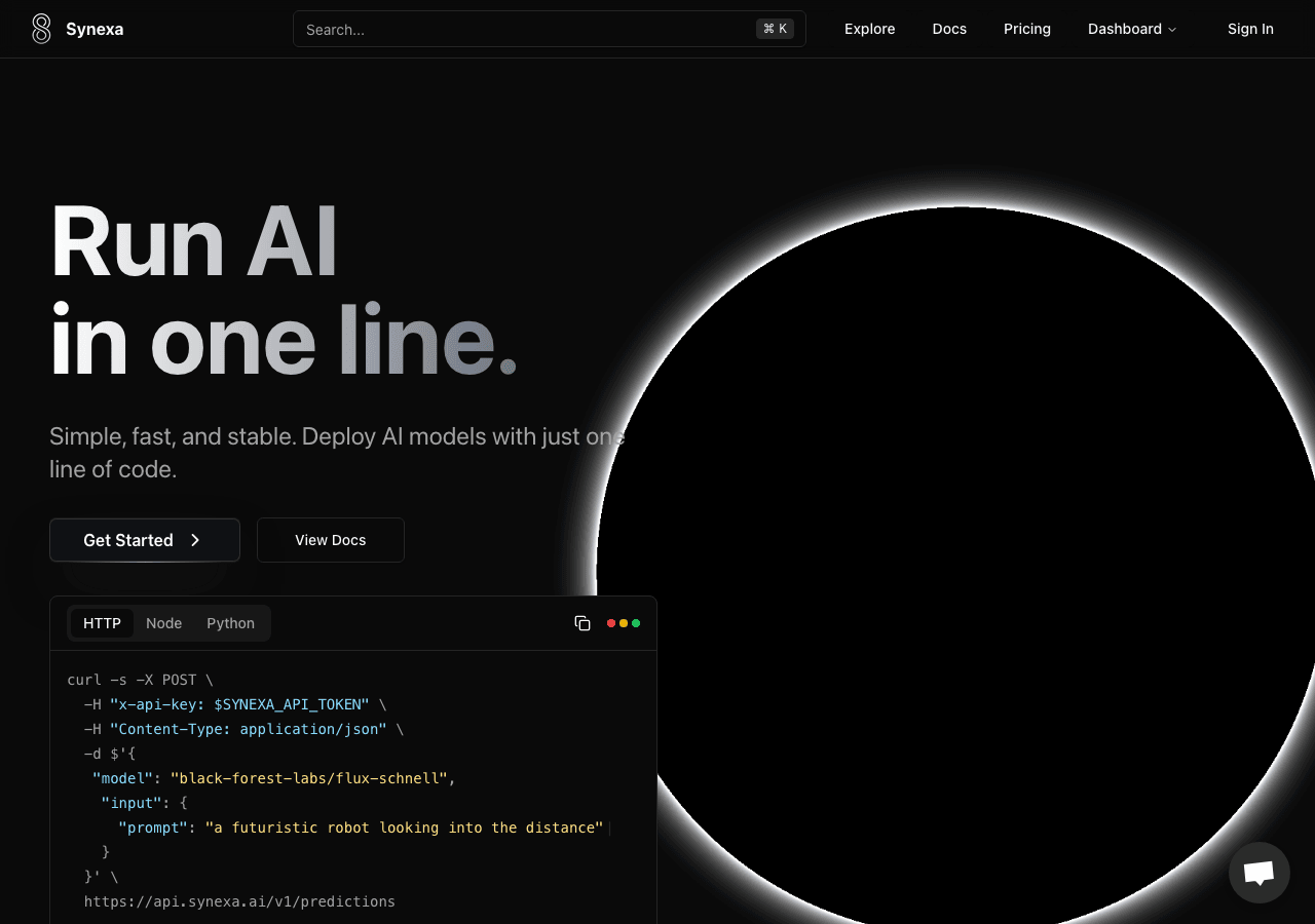 Synexa AI Code Assistance showing Code Assistance - Empowering AI Solutions