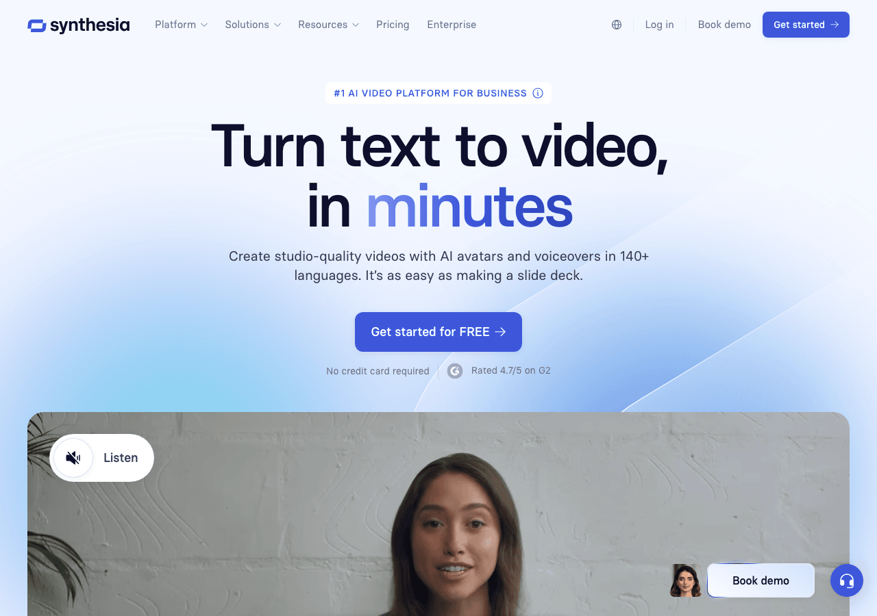 Synthesia Video Generation showing Video Generation - Create studio-quality AI videos for work—securely, globally, and at sca