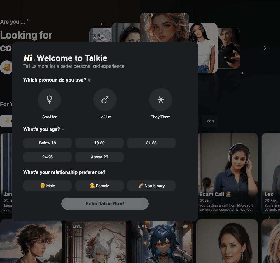 Talkie Conversational AI showing Conversational AI - Join Talkie and chat with AI characters for free. Create personalized co