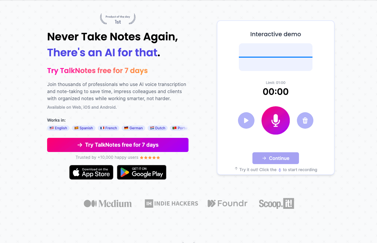 Talknotes Productivity & Collaboration showing Productivity & Collaboration - Turn your voice into organized, actionable note