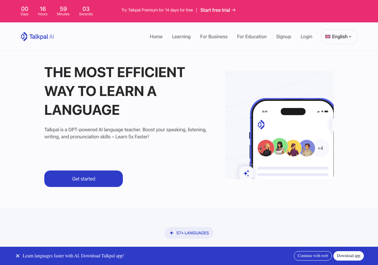 Talkpal Conversational AI showing Conversational AI - AI-powered language learning for real conversations in 80+ languages