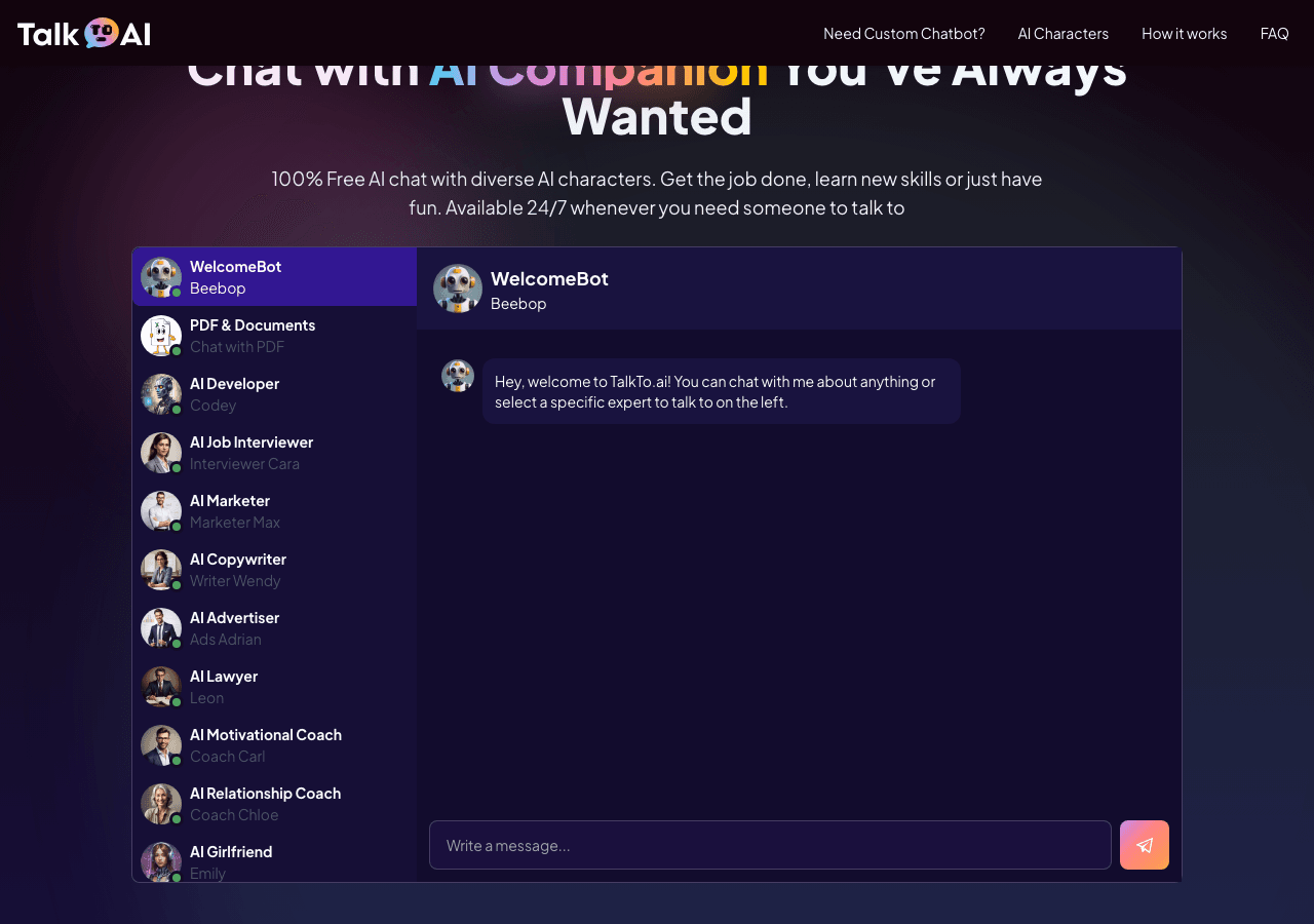 TalkTo.ai Conversational AI showing Conversational AI - Empowering Conversations with AI