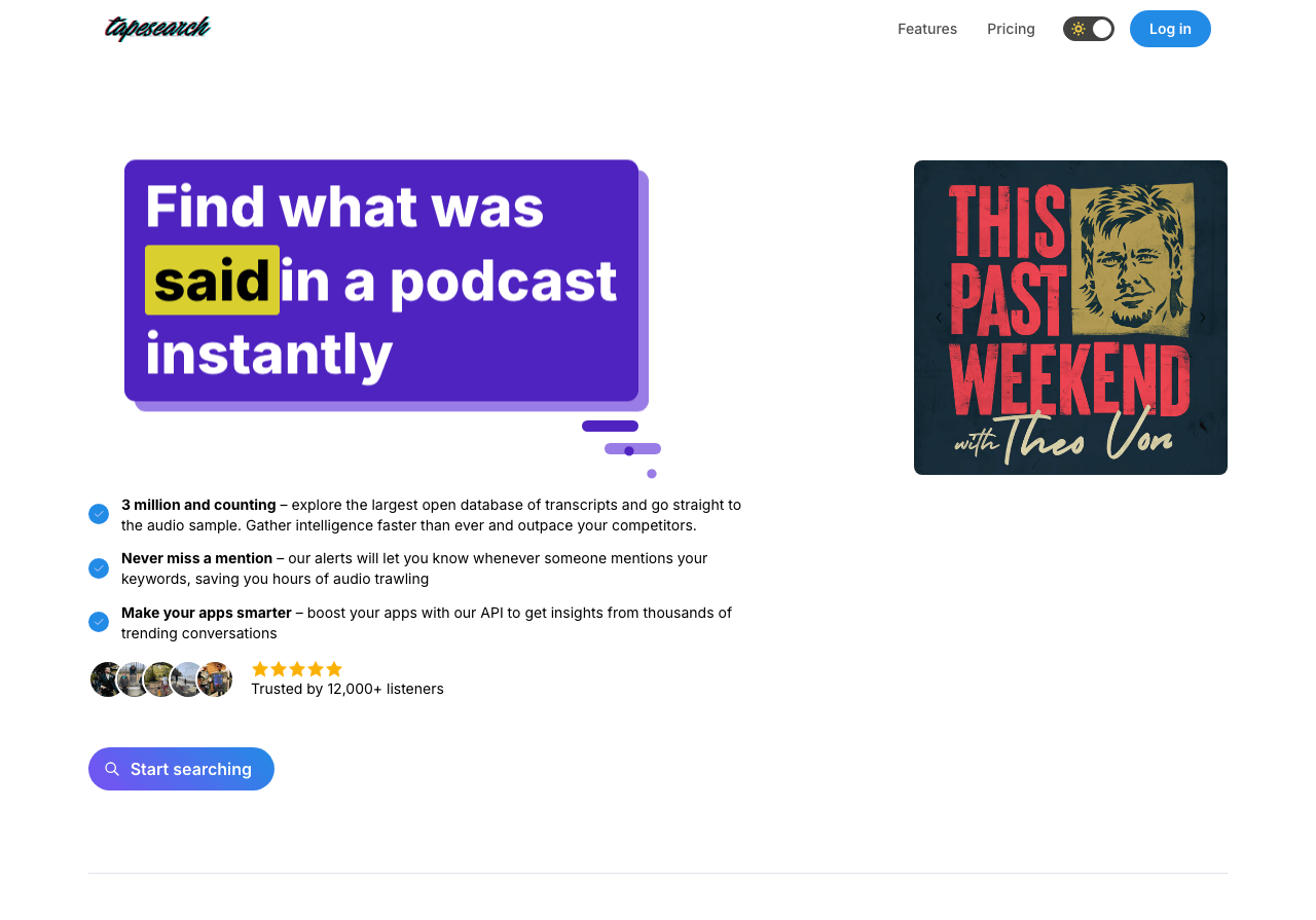 Tapesearch Conversational AI showing Conversational AI - Every Podcast Conversation at Your Fingertips