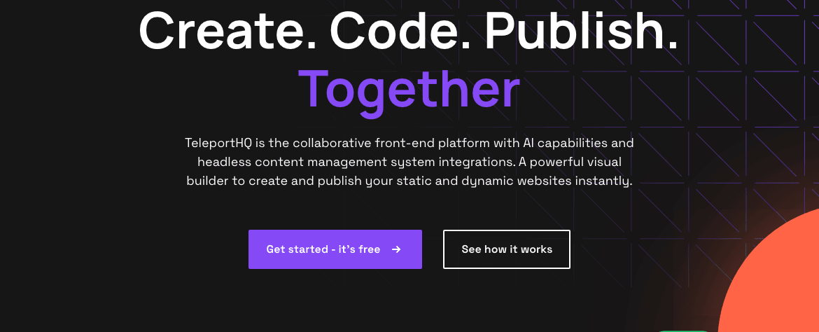TeleportHQ Design showing Design - Visually create and launch web interfaces with low-code speed