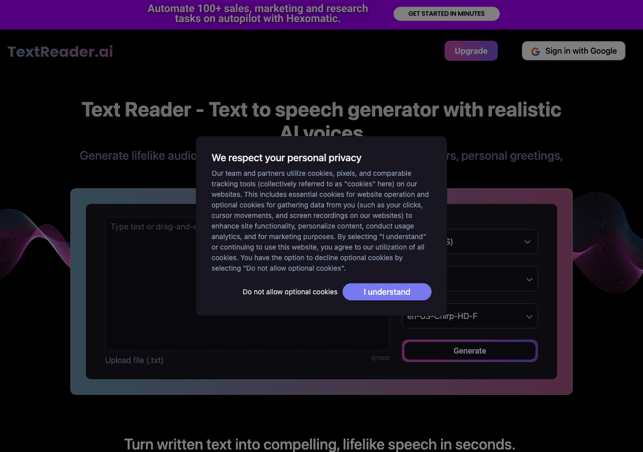 Text Reader Audio Generation showing Audio Generation - Unlock the power of text with ease.