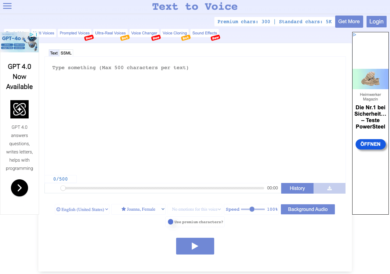 Texttovoice.online Audio Generation showing Audio Generation - Transform text into lifelike speech