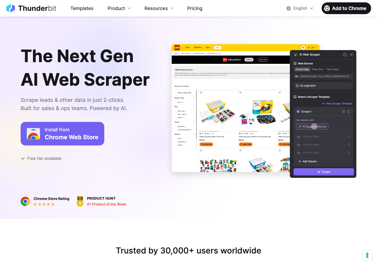 Thunderbit Data Analytics showing Data Analytics - Web scraping made simple: AI-powered data extraction in two clicks