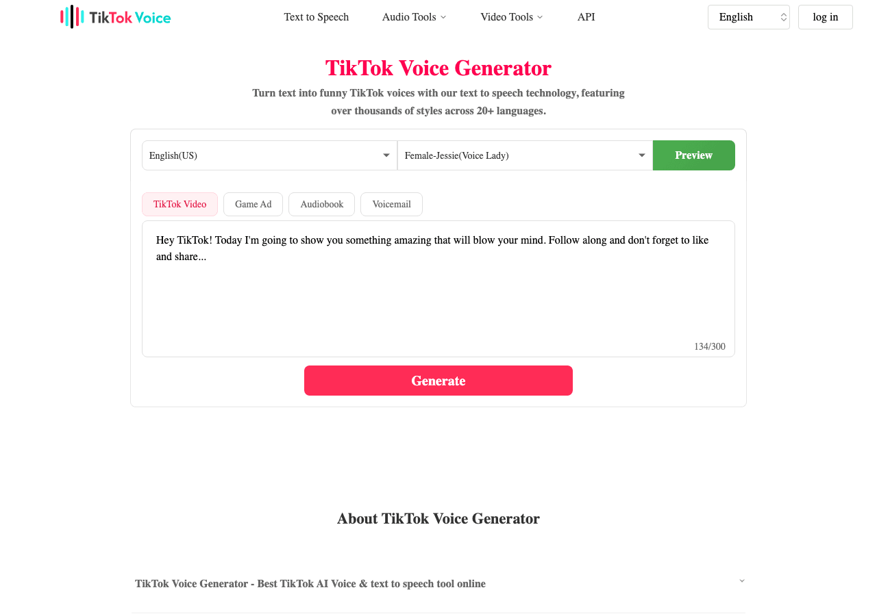 TikTok Voice Generator Audio Generation showing Audio Generation - Turn text into TikTok-ready voiceovers!