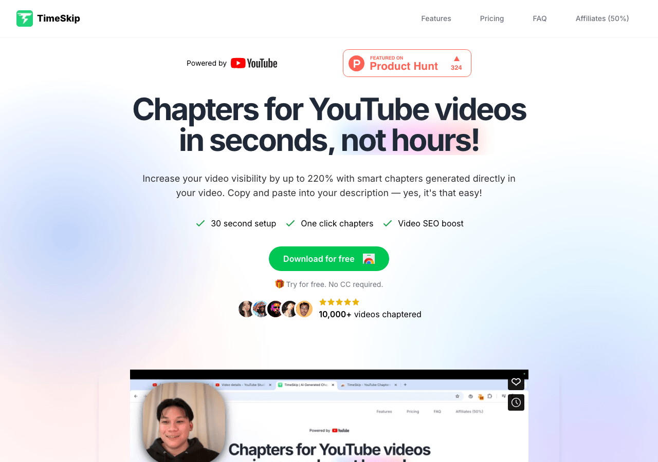 TimeSkip AI Video Editing showing Video Editing - Instantly boost your video discovery with AI-powered chapters and descripti