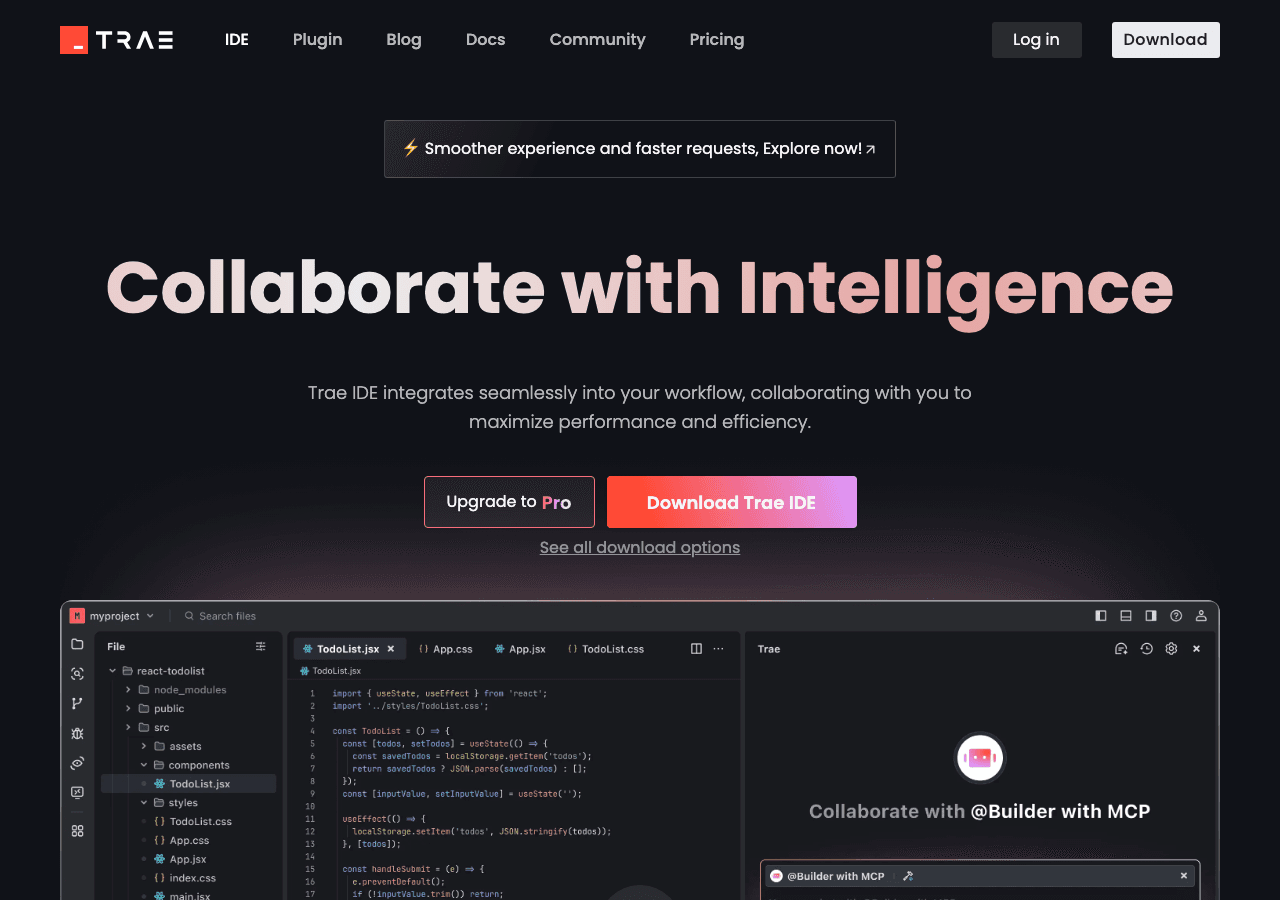 TRAE Code Assistance showing ai-powered ide - Collaborate with Intelligence