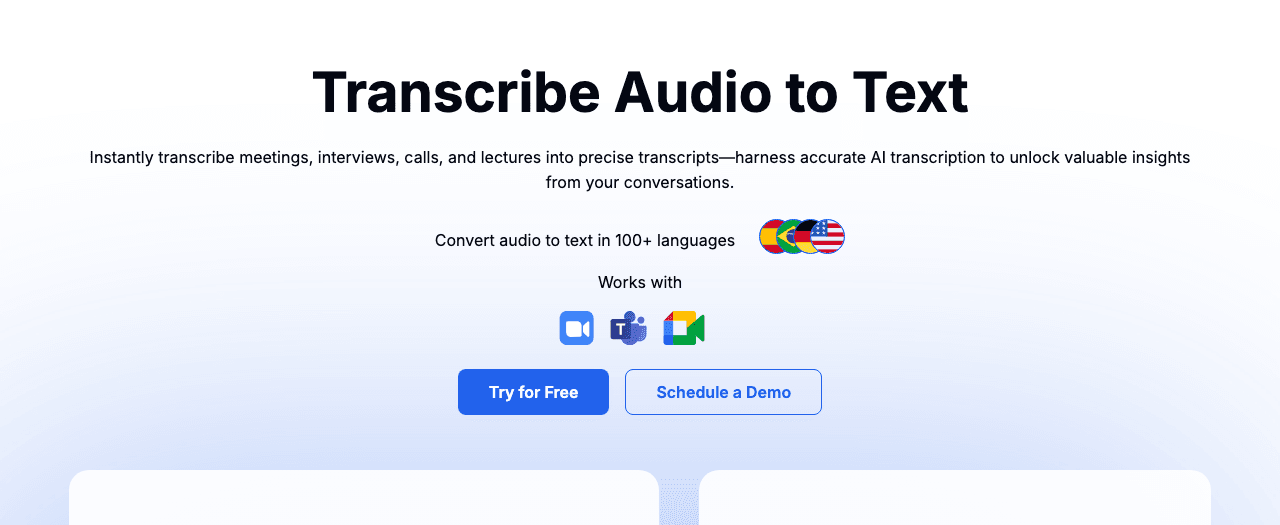 Transkriptor Audio Editing showing Audio Editing - Transcribe, translate, and analyze audio and video—accurately and instantl