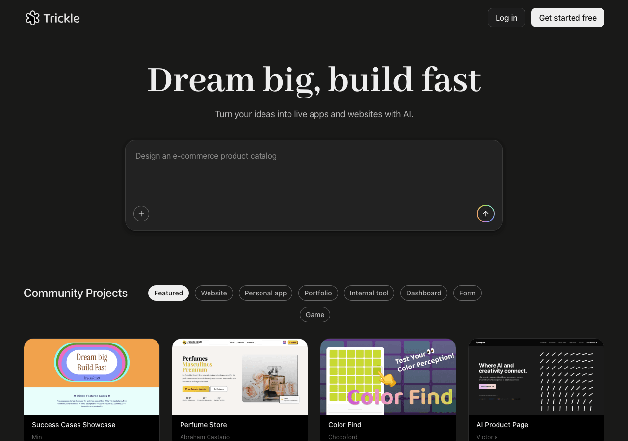 Trickle AI Code Assistance showing Code Assistance - Turn your ideas into live apps and websites with AI