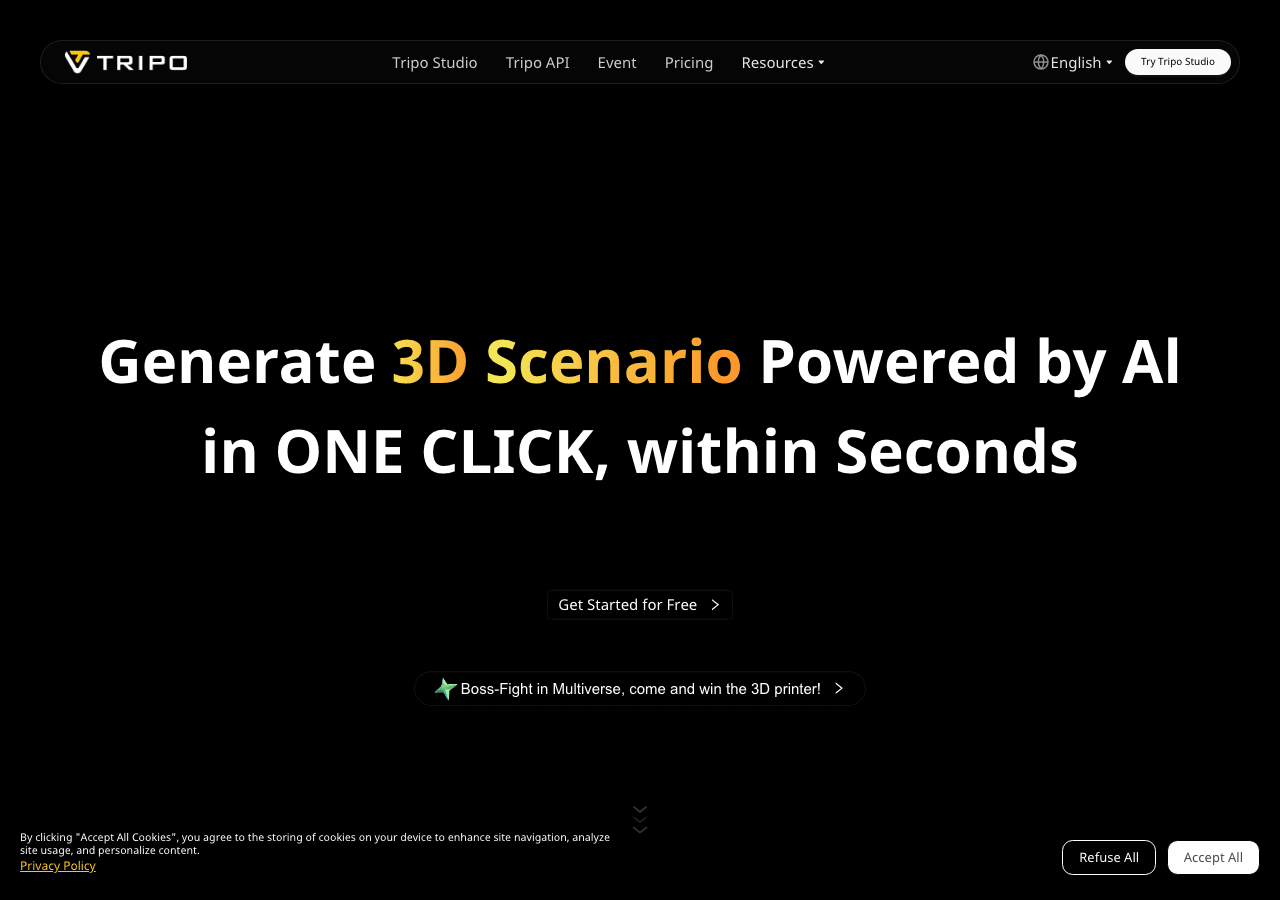 Tripo AI 3D Generation showing 3D Generation - From Text and Images to 3D in Seconds