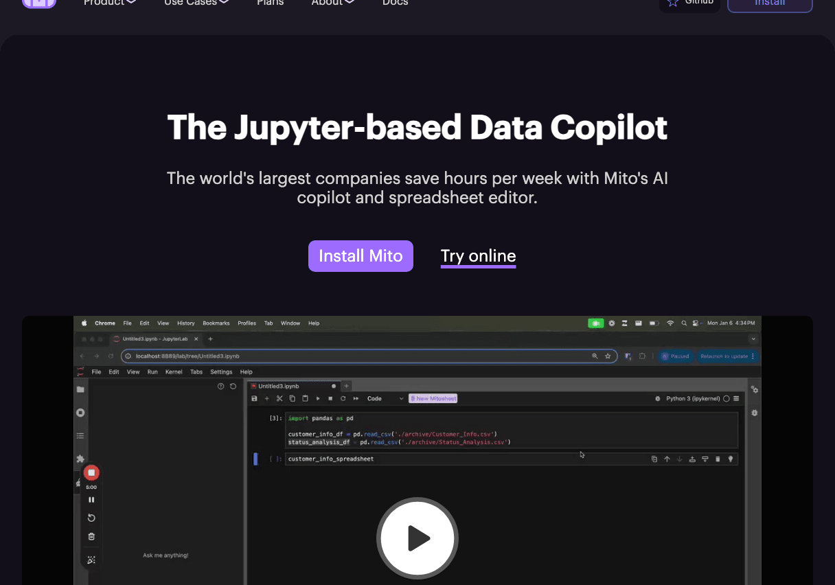 Mito Data Analytics showing Data Analytics - AI-powered Python spreadsheet automation for Jupyter notebooks