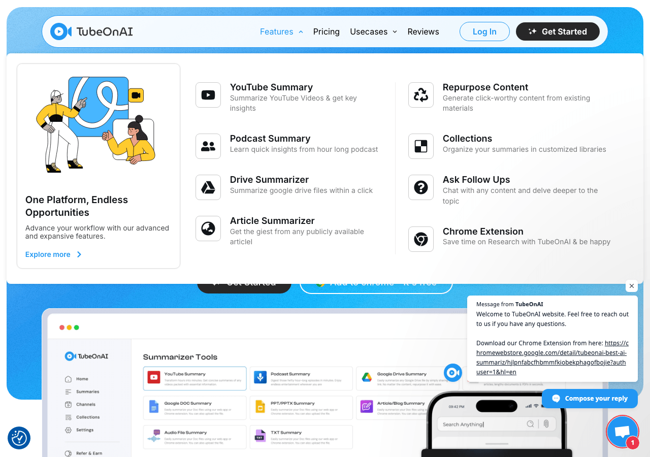 TubeOnAI Conversational AI showing Conversational AI - Fastest AI Summarizer for Effortless Content Creation and Repurposing