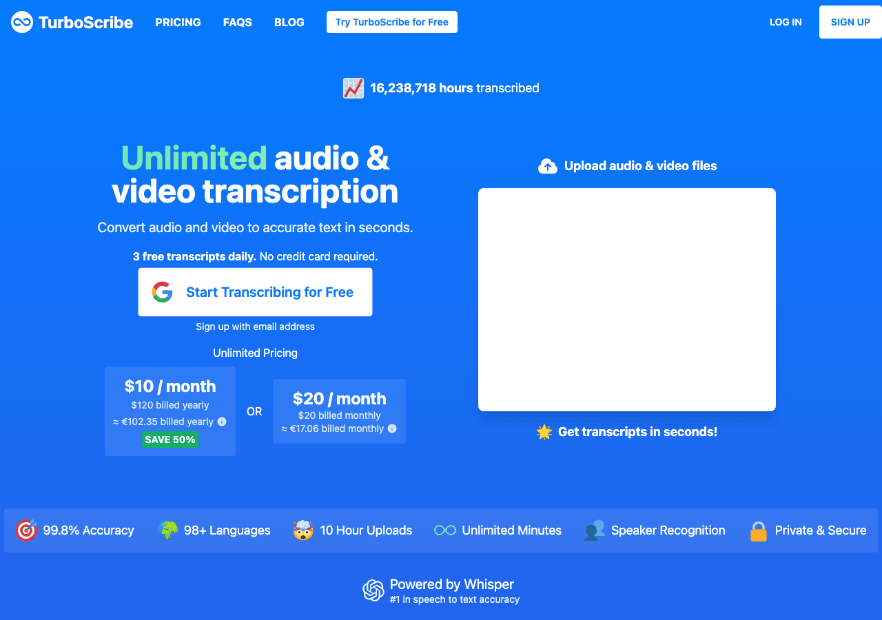 TurboScribe Writing & Translation showing Writing & Translation - Unlimited transcription at turbo speed—accurate, effortless