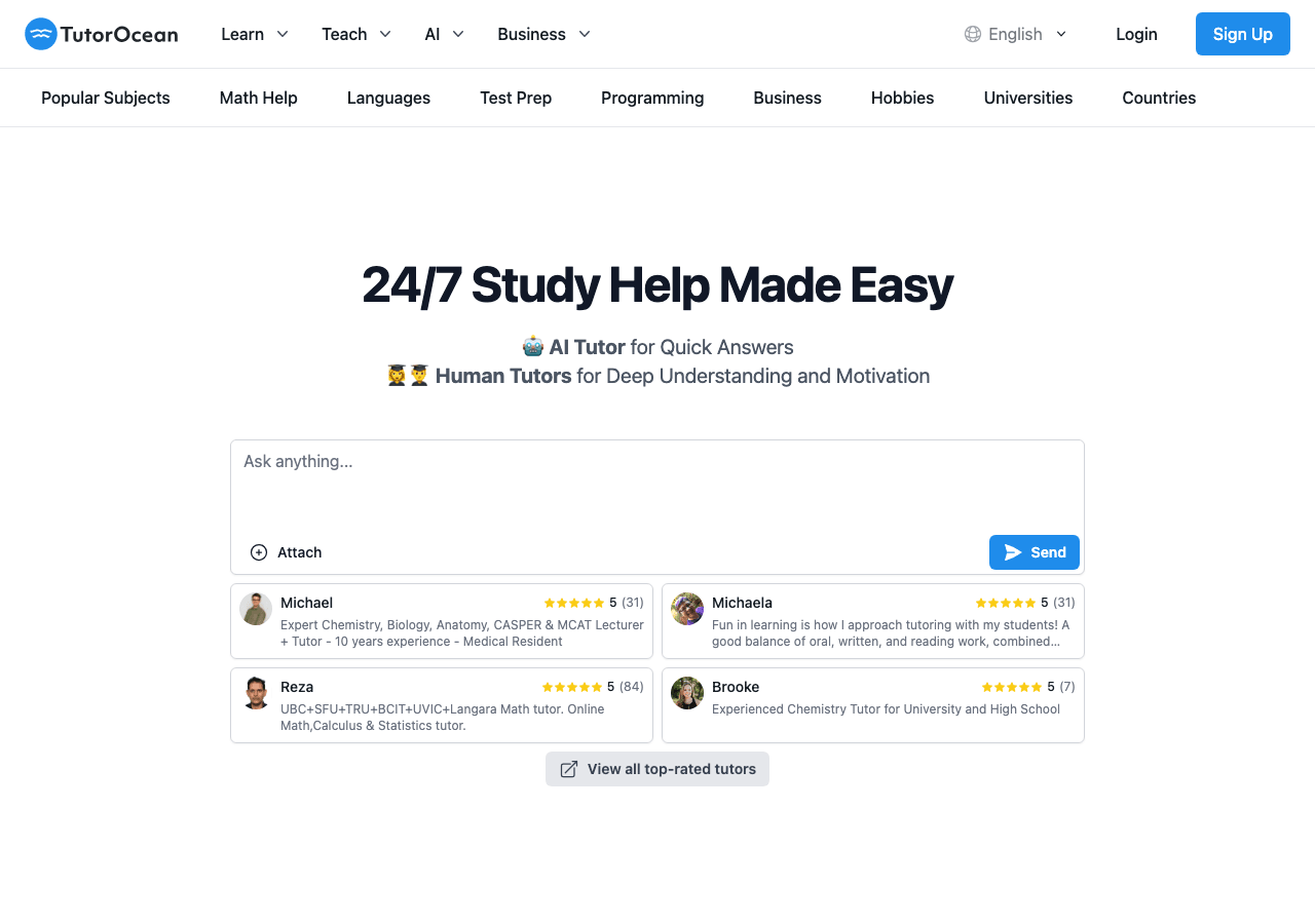 TutorOcean Conversational AI showing Conversational AI - Empowering tutors. Enriching learning.