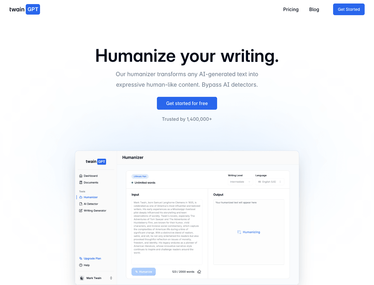 TwainGPT Writing & Translation showing Writing & Translation - Humanize AI Text | Bypass AI detectors
