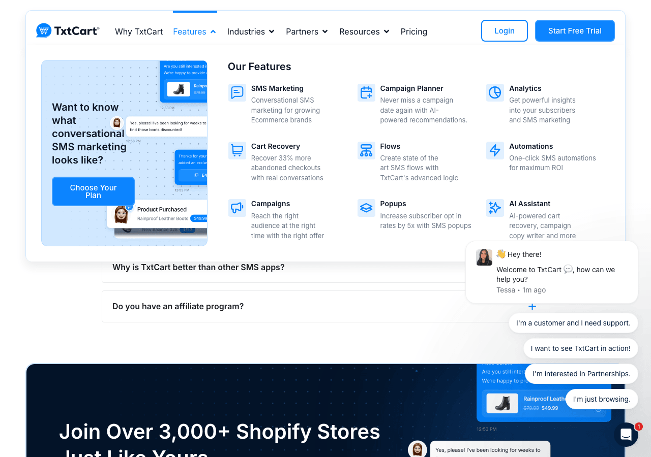 TxtCart Conversational AI showing Conversational AI - Text-to-cart conversions made easy!