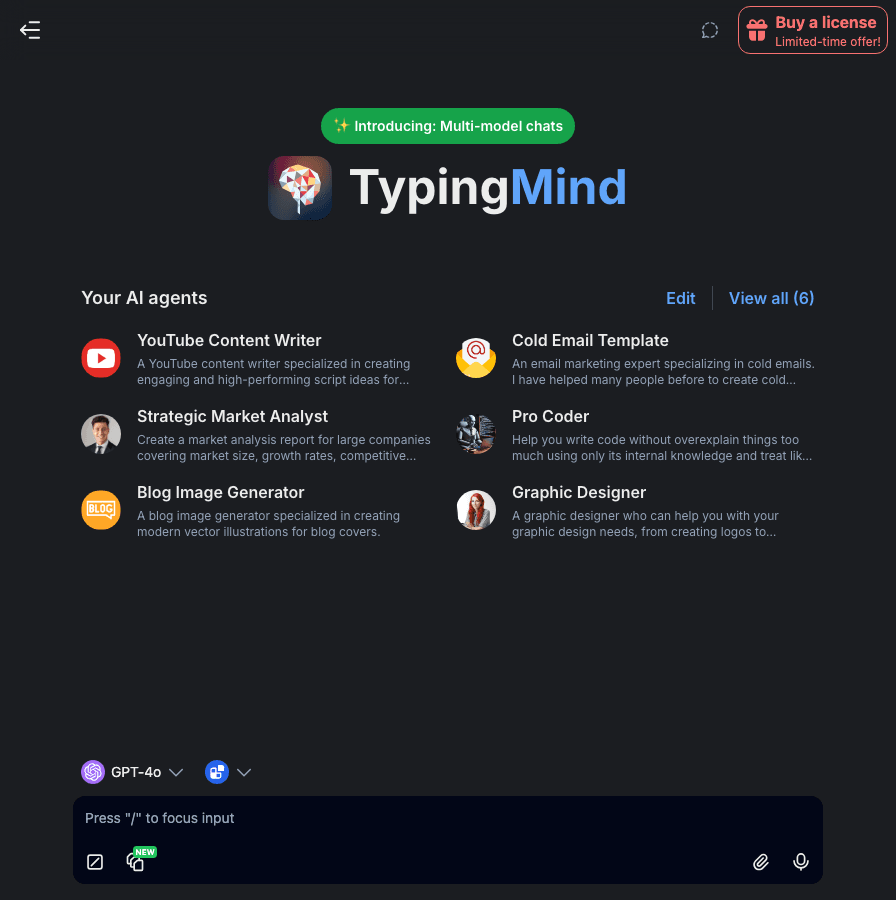 TypingMind Conversational AI showing Conversational AI - The AI workspace for any LLM—secure, flexible, and optimized for pro