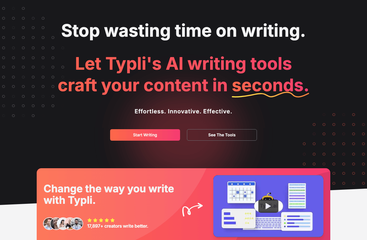 Typli.ai Writing & Translation showing Writing & Translation - Supercharge your writing with advanced AI