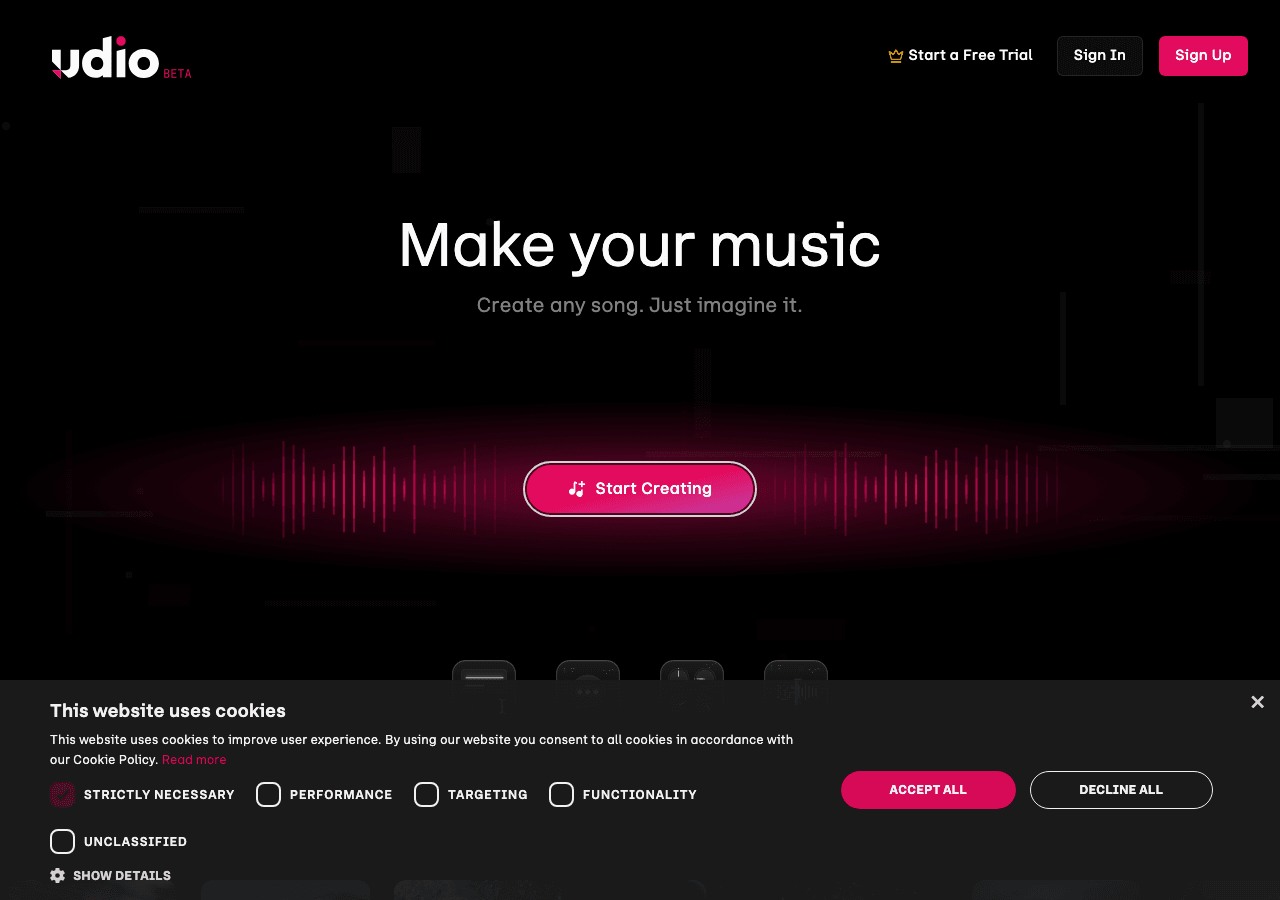 Udio Music Generation showing Music Generation - Create, remix, and share music with AI—instantly.