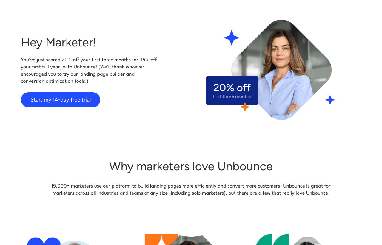 Unbounce Design showing landing page builder - Build high-converting landing pages