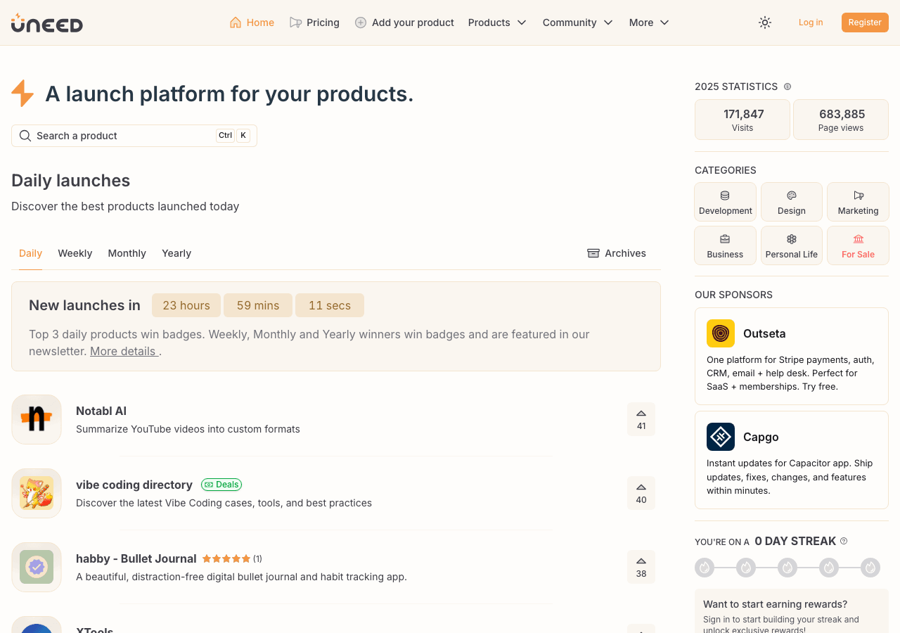 Uneed Search & Discovery showing Search & Discovery - Launch. Get seen. Grow.