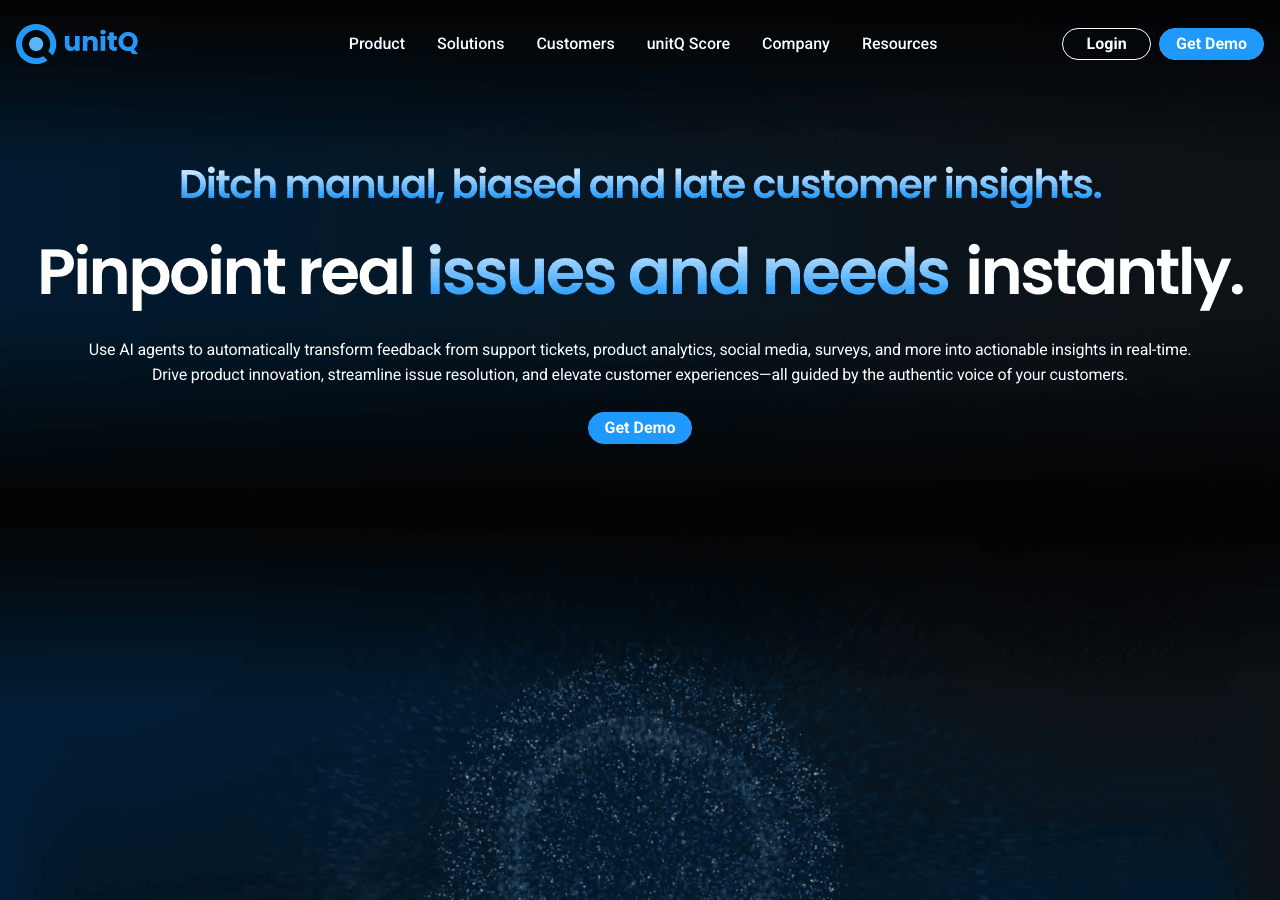 unitQ Conversational AI showing Conversational AI - Real-time AI customer insights for epic product quality