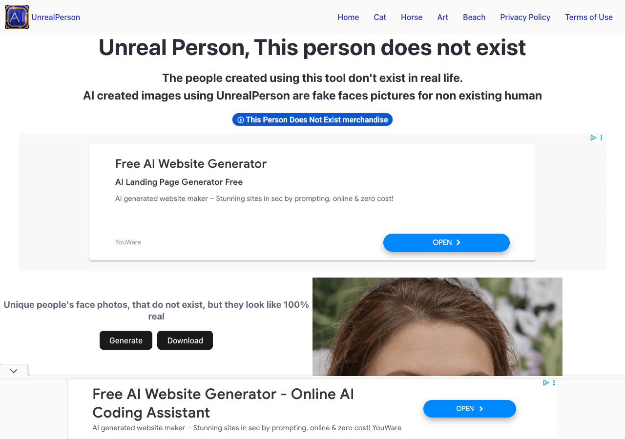 Unreal Person Image Generation showing Image Generation - Generate ultra‑realistic faces of people who don’t exist